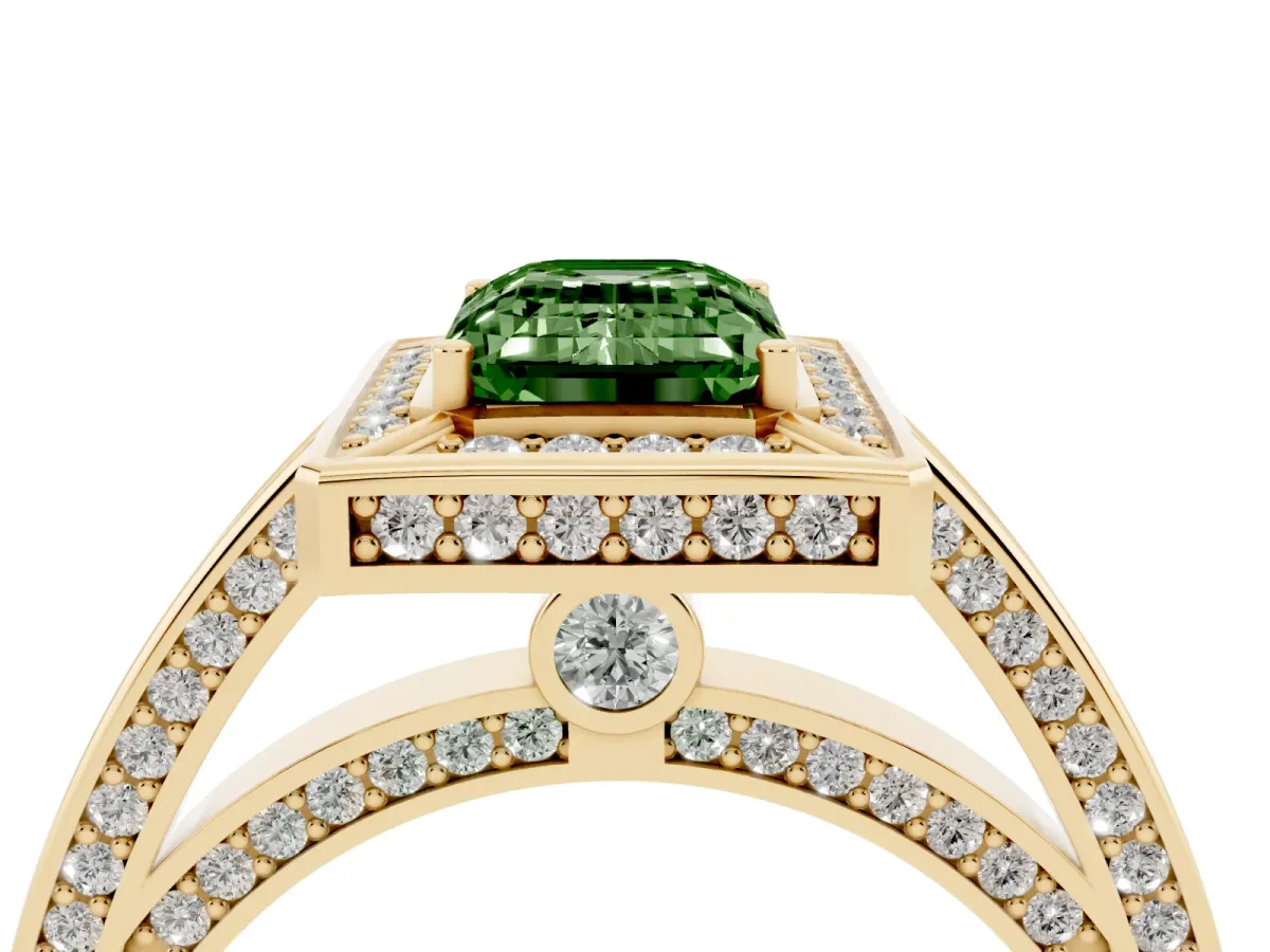 Fancy Green Emerald Cut Cut Halo Pave Split Shank Prong Setting Ring Yellow gold
