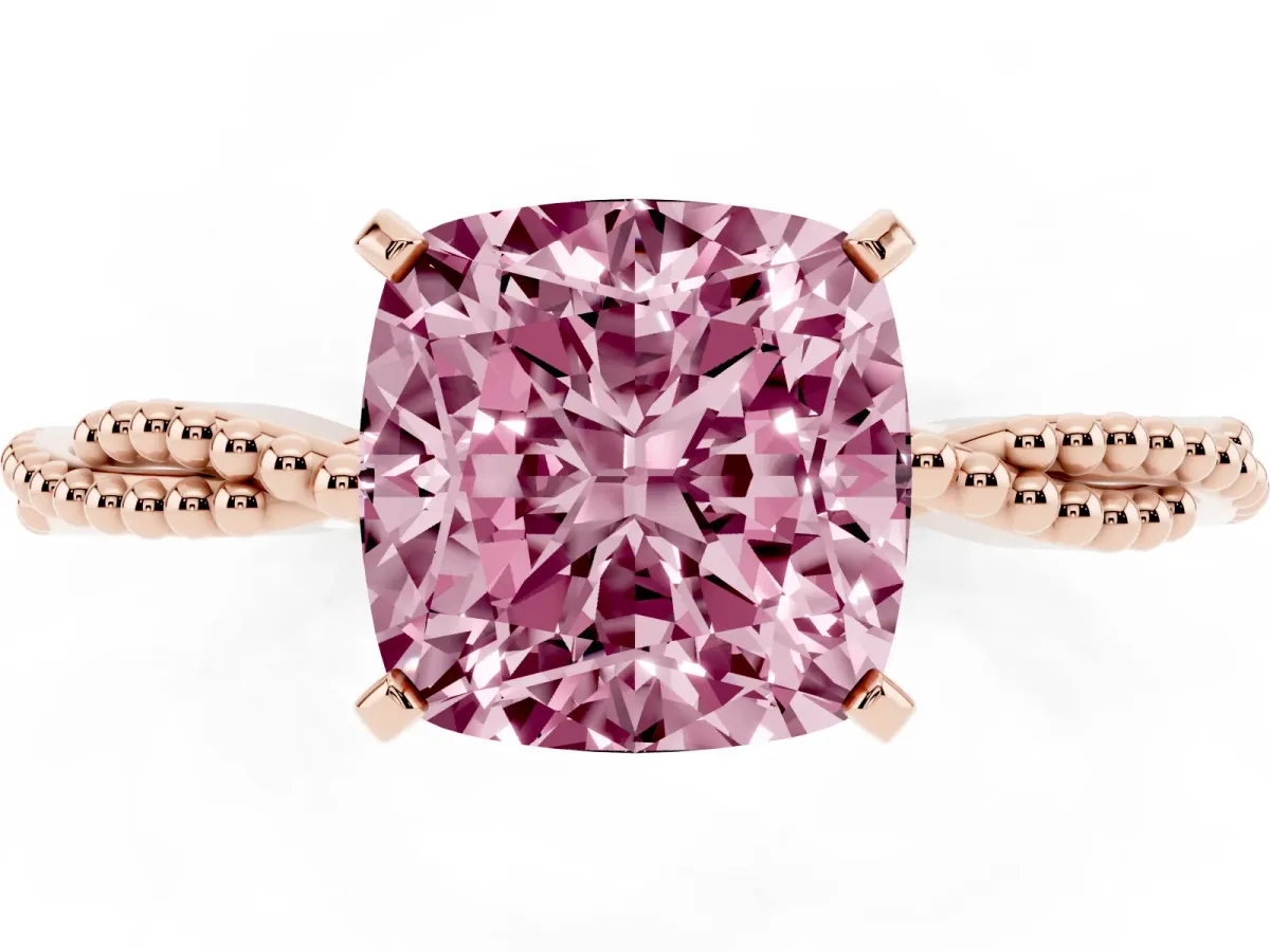 Fancy Pink Cushion Cut Solitaire Twisted Band with Bead Prong Setting Rose gold
