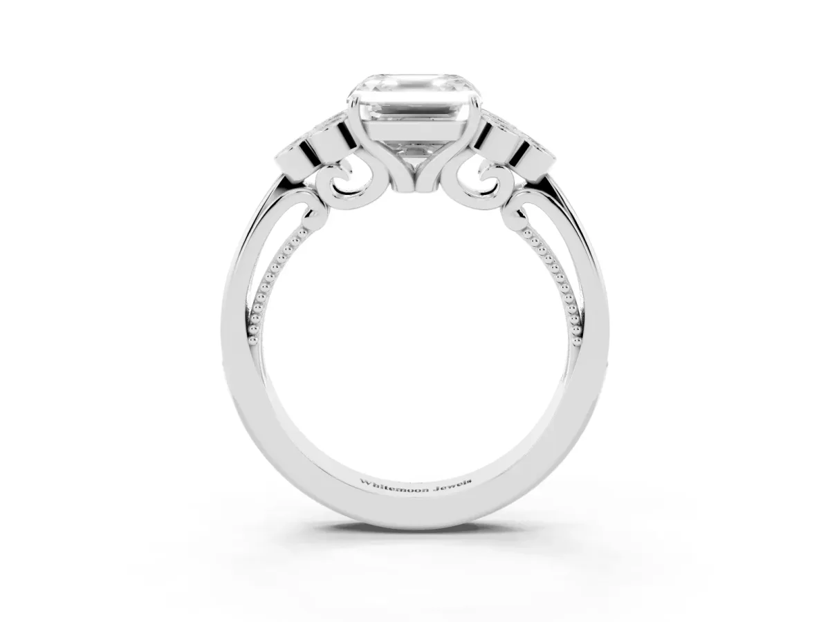Asscher Cut Cut Diamond Engagement Ring with Bezel Set Round Side Stones and Prong Setting White gold
