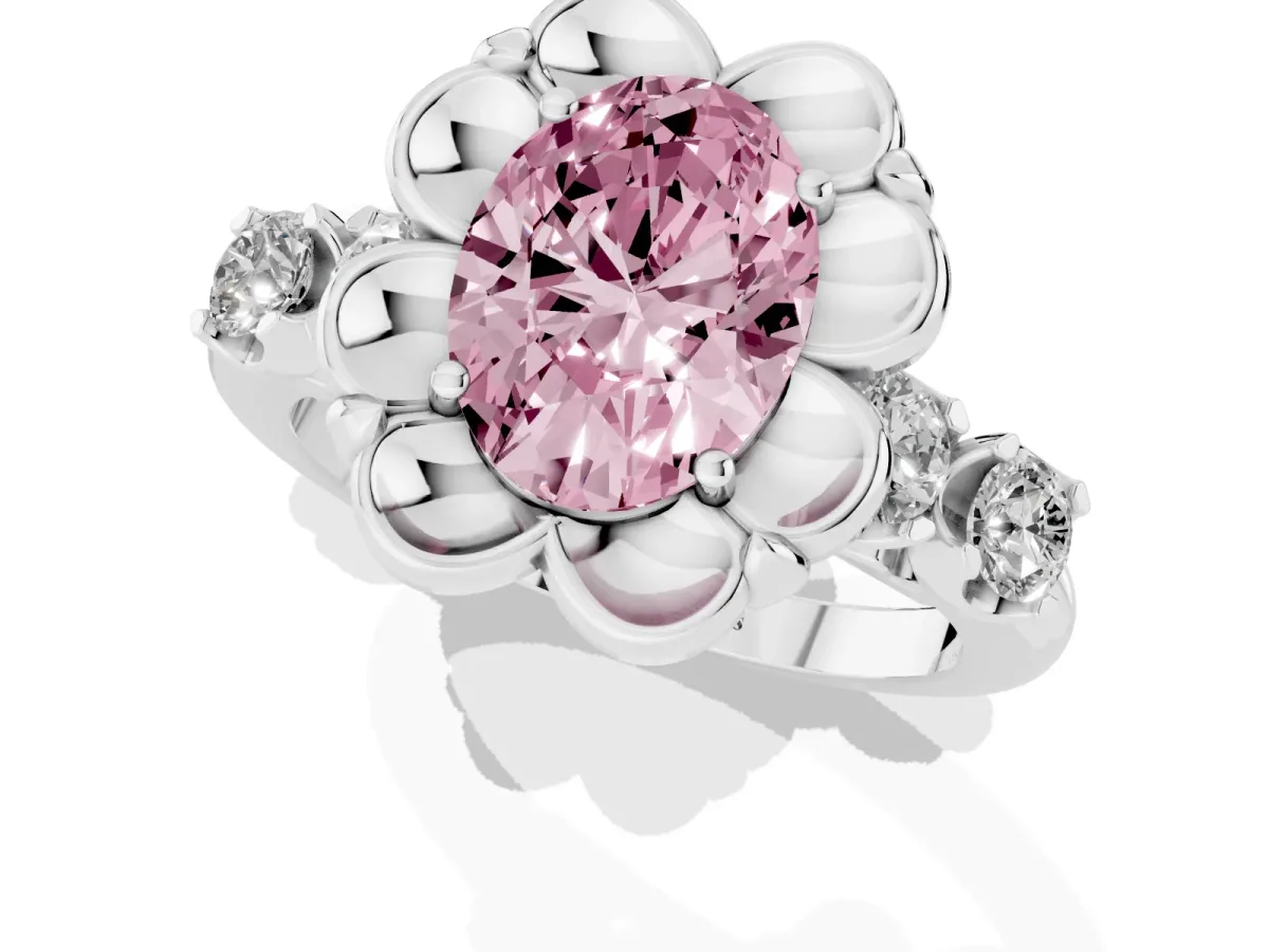 Fancy Pink Oval Cut Cut Diamond Floral Halo Engagement Ring with Shared Prong Setting Silver