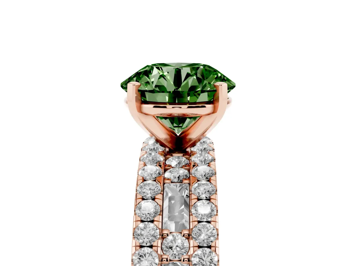 Fancy Green Round Cut Diamond Solitaire Ring with Pavé and Channel Set Band Rose gold
