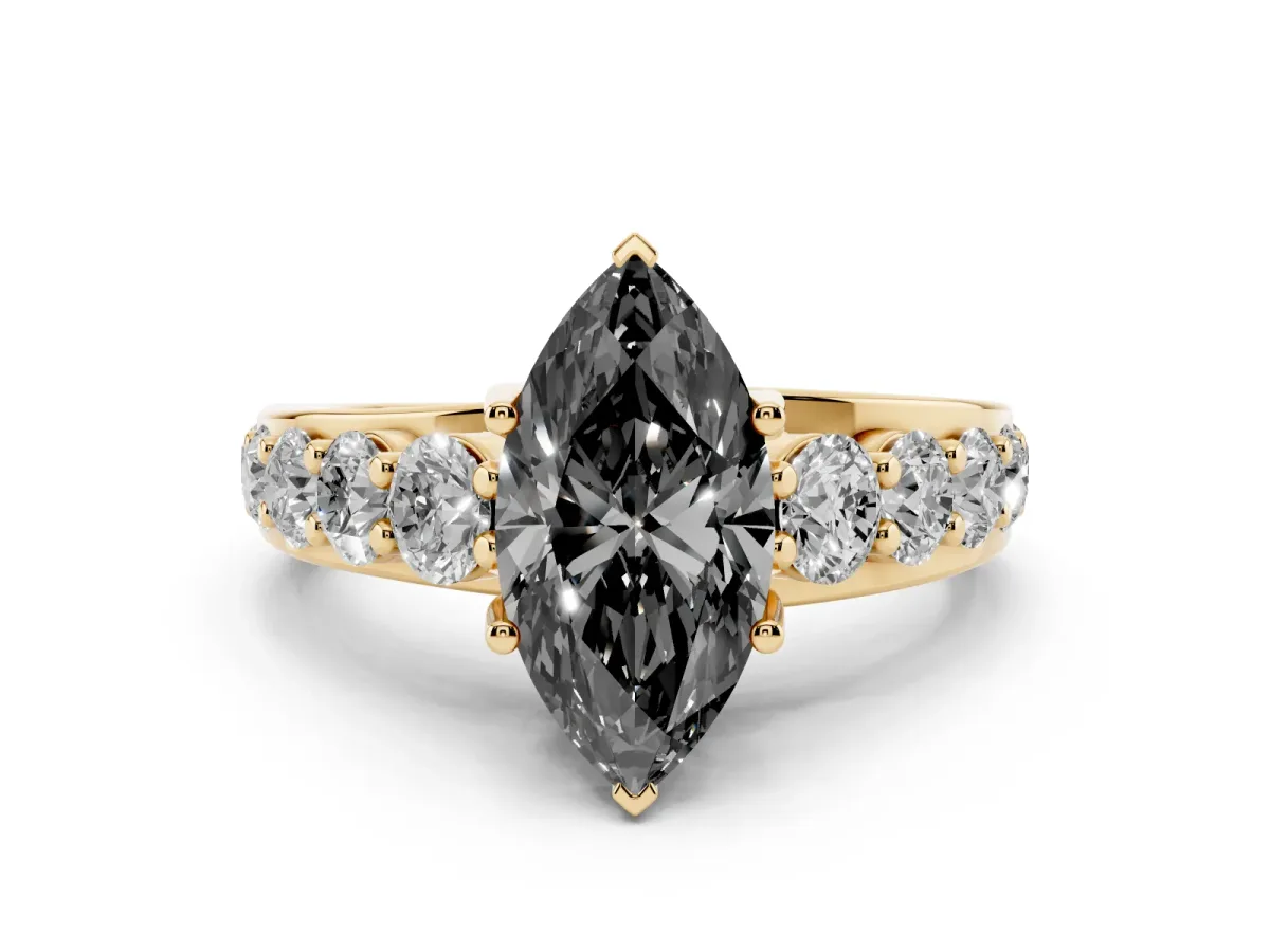 Fancy Black Marquise Cut Diamond Engagement Ring with Pavé Band and Four-Prong Setting Yellow gold