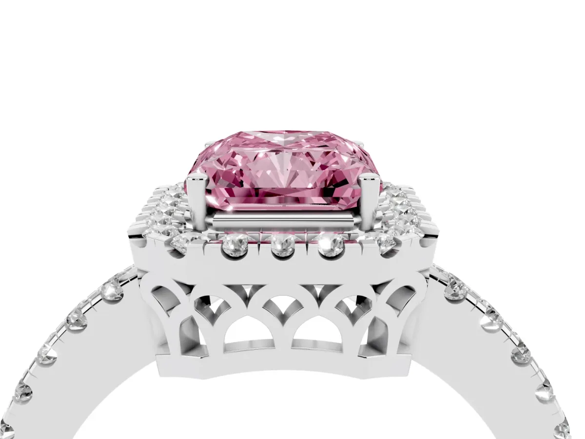 Fancy Pink Radiant Cut Halo Diamond Engagement Ring with Pavé Band and Four-Prong Setting Platinum