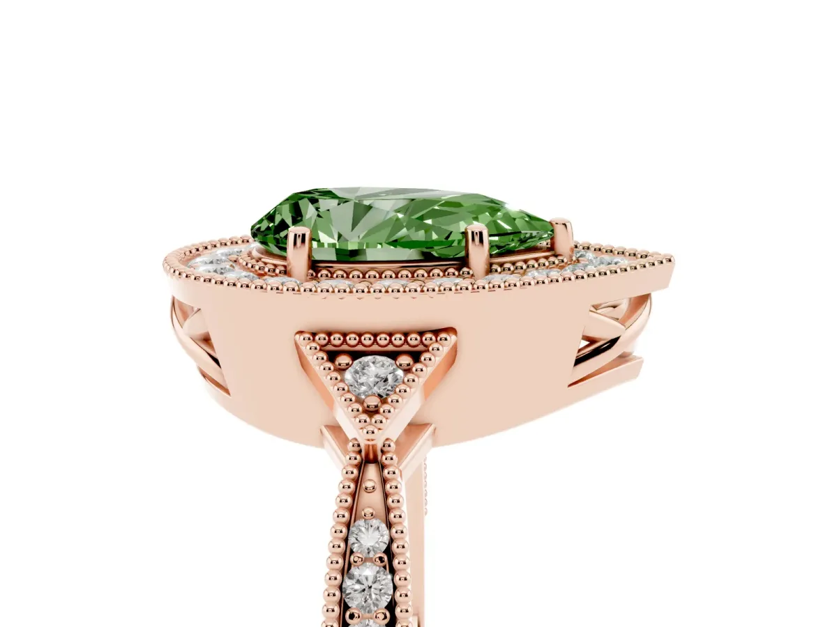 Fancy Green Pear Cut Halo Round Diamond Milgrain Pave Engagement Ring Rose gold