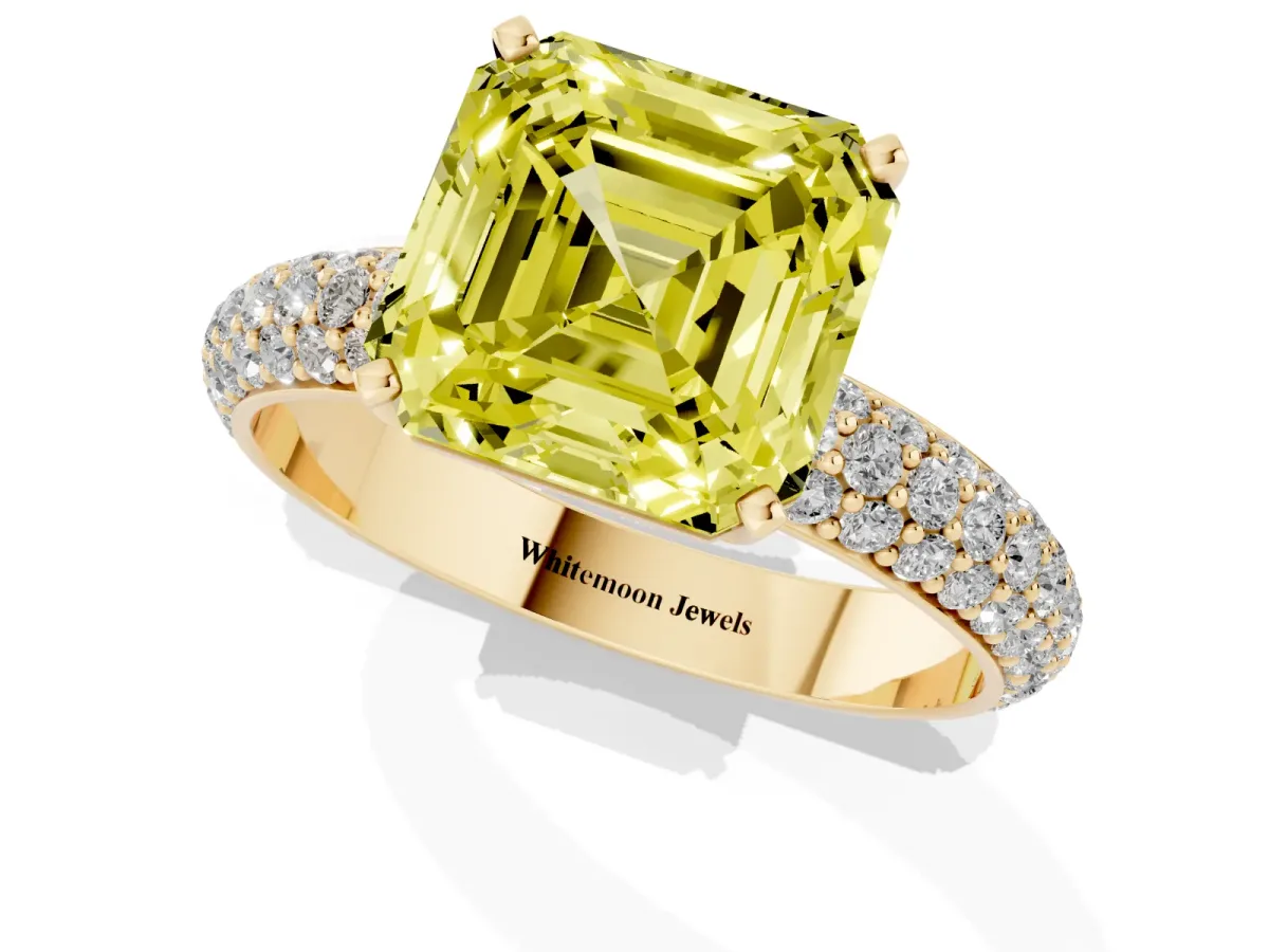 Fancy Yellow Asscher Cut Diamond Solitaire Ring with Prong Setting and Pavé Band Yellow gold