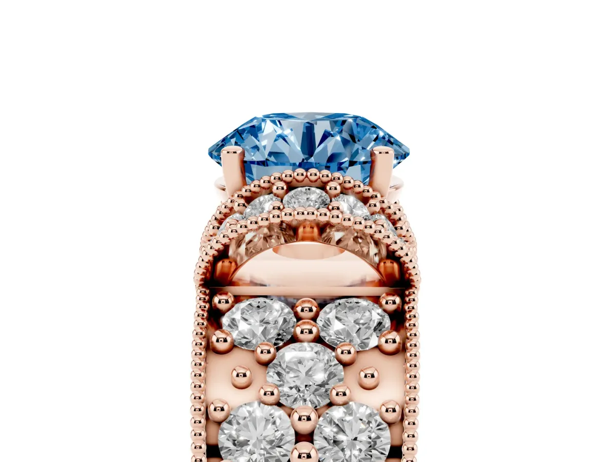 Fancy Blue Round Cut Halo Pave Diamond Engagement Ring with Milgrain Detailing Rose gold