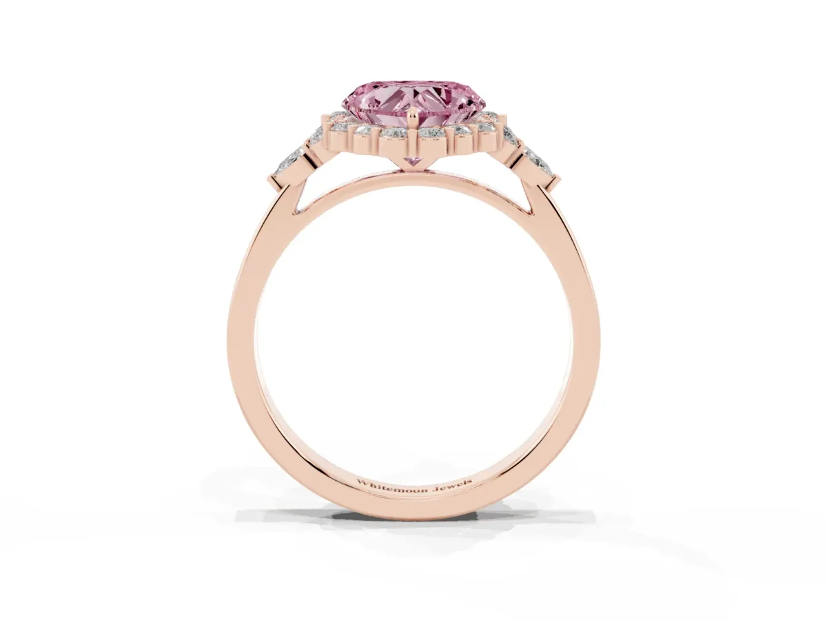 Fancy Pink Heart Cut Diamond Halo Ring with Pear Side Stones and Prong Setting Rose gold
