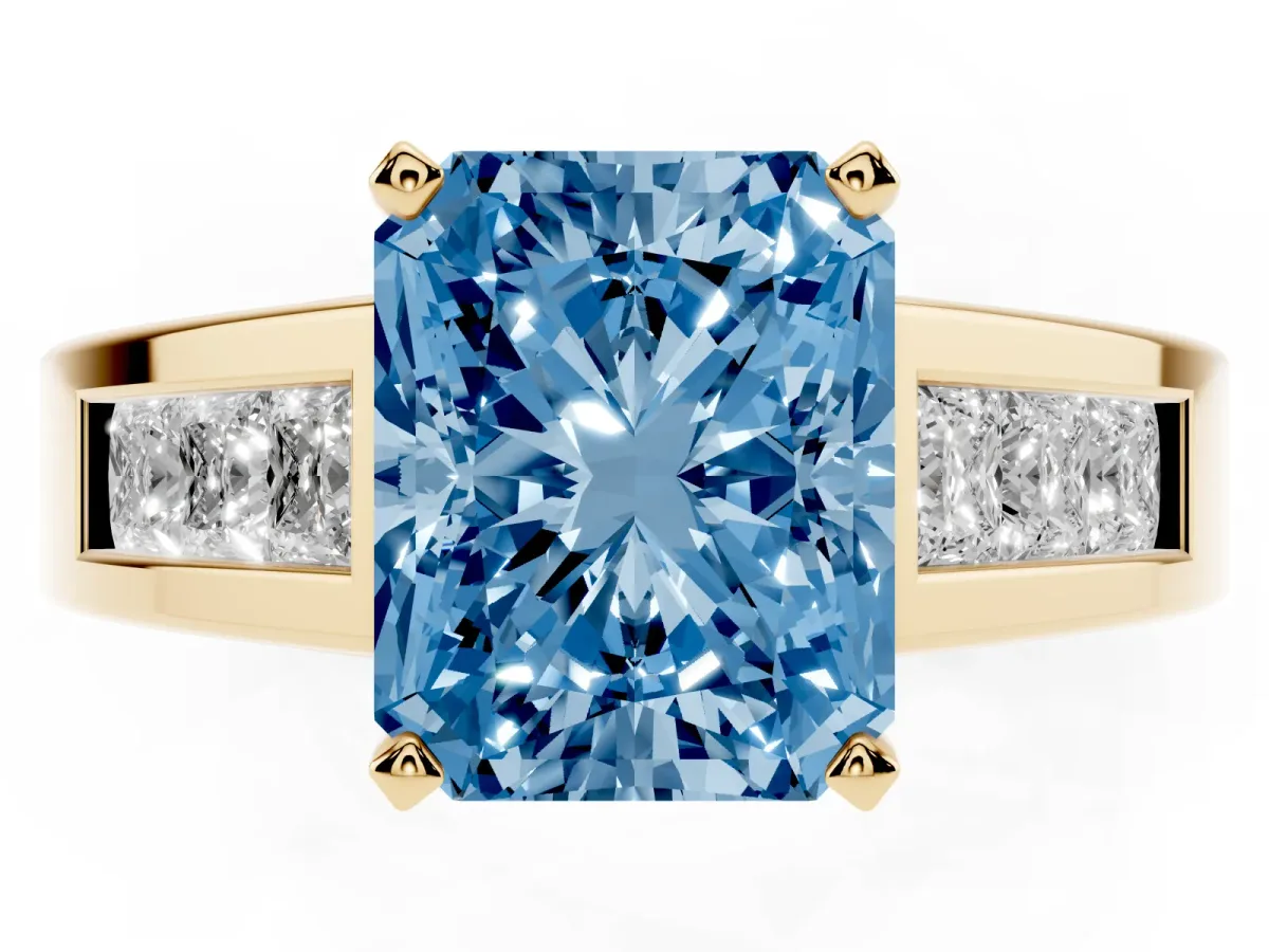 Fancy Blue Radiant Cut Cut Channel Set Solitaire Ring with Four-Prong Setting Yellow gold