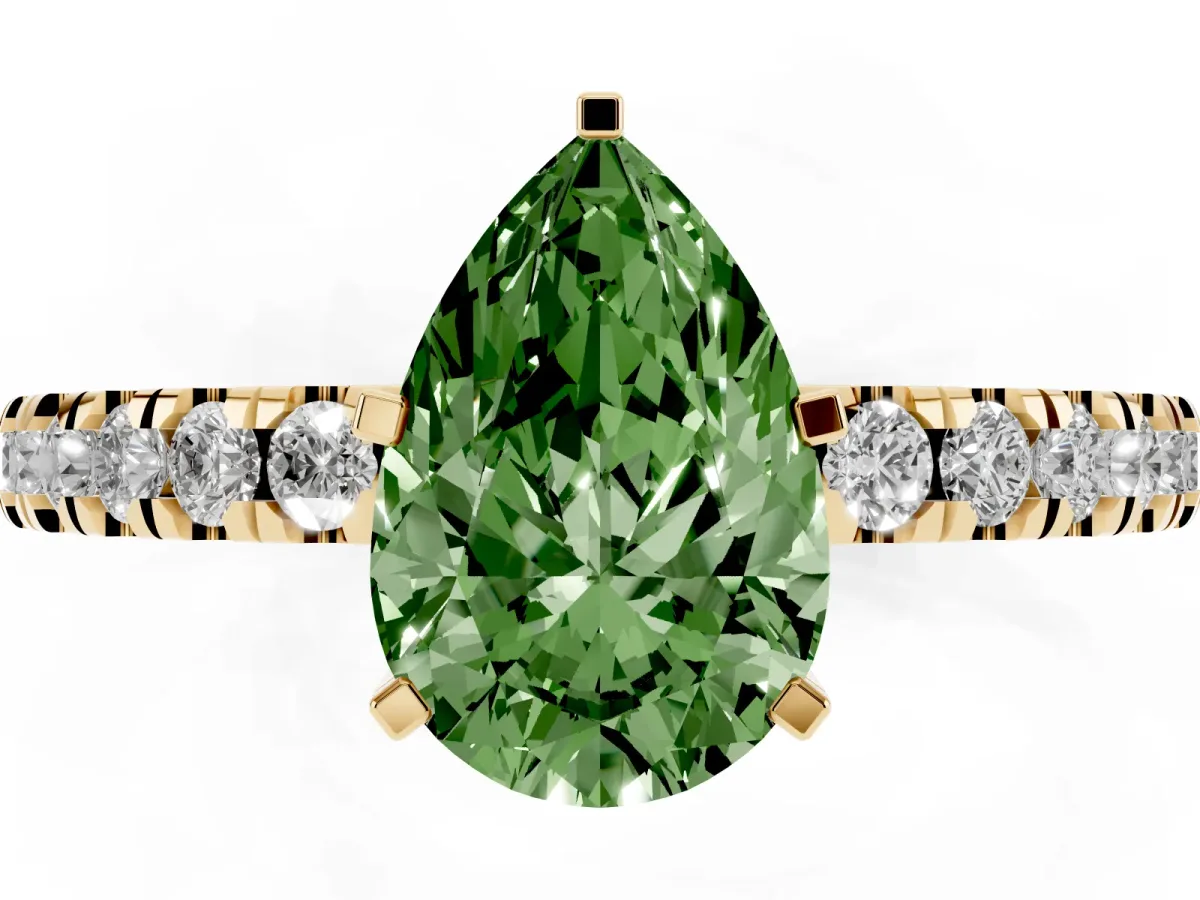 Fancy Green Pear Cut Solitaire Diamond with Pavé Band and Four-Prong Setting Yellow gold
