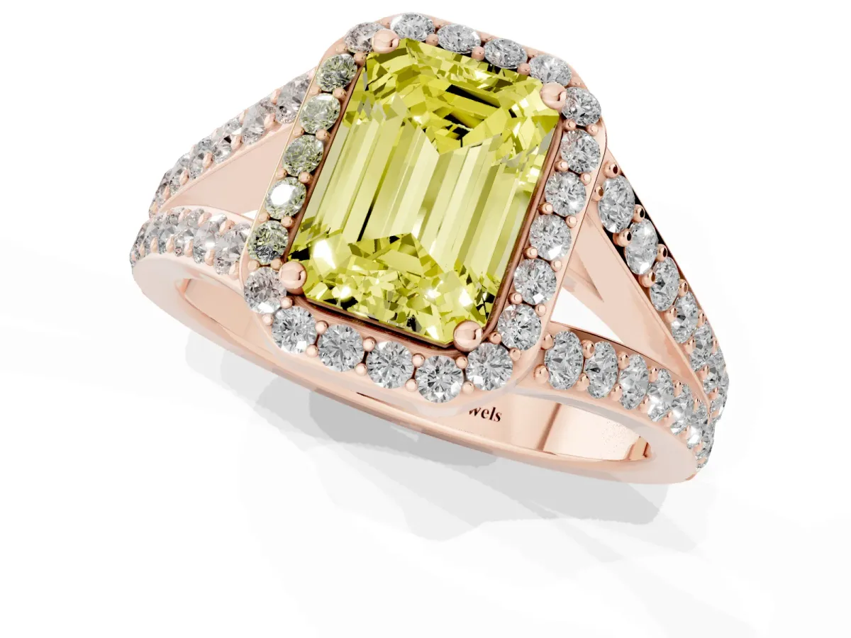 Fancy Yellow Emerald Cut Diamond Split Shank Halo Ring with Four-Prong Setting Rose gold