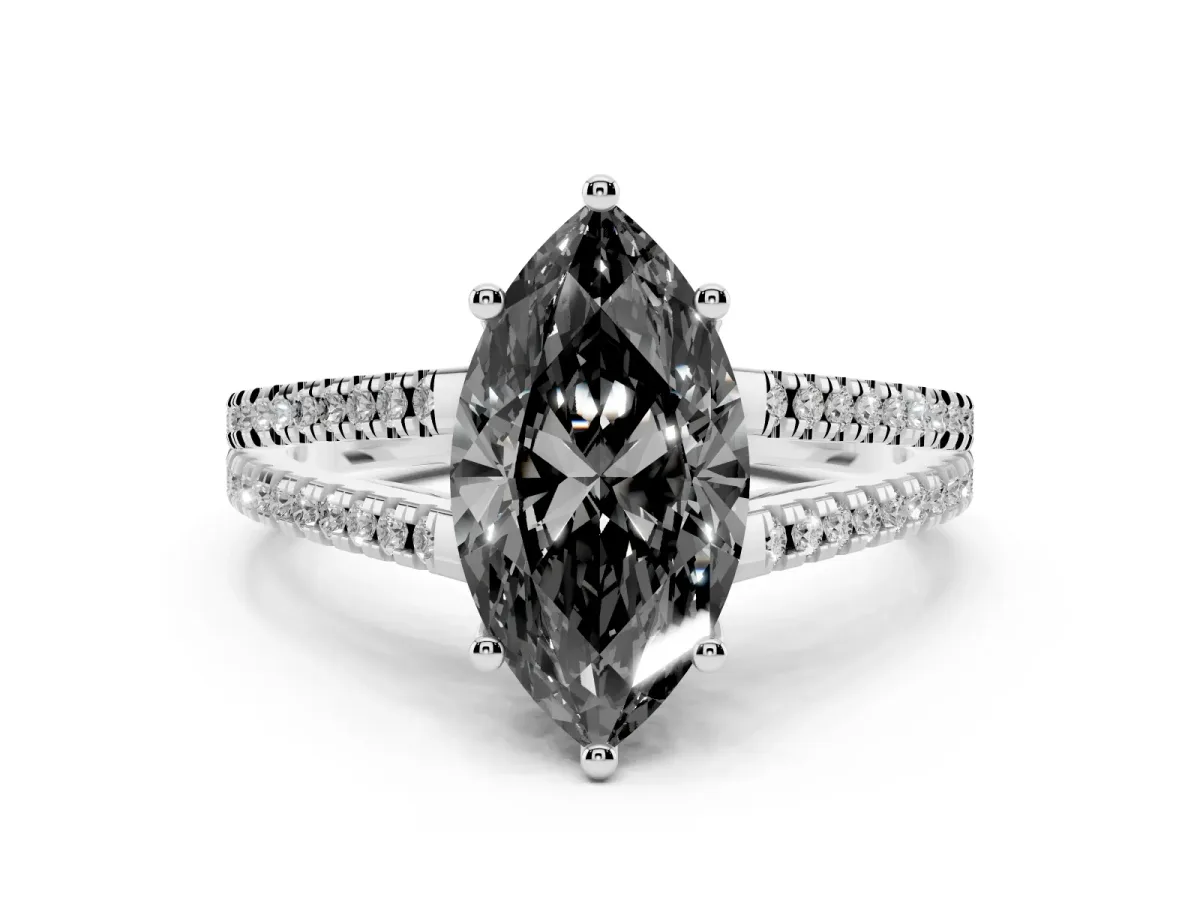 Fancy Black Marquise Cut Diamond Solitaire Engagement Ring with Split Shank Pavé Band Silver