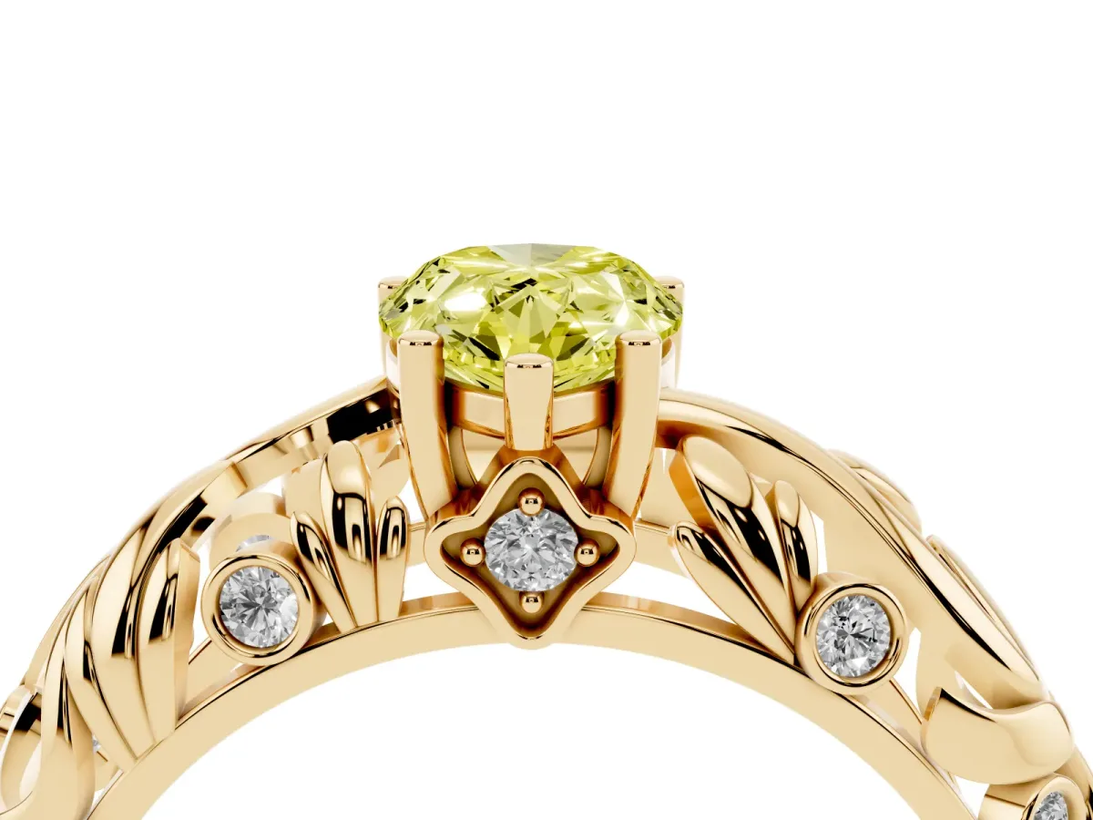 Fancy Yellow Pear Cut Solitaire Diamond Leaf-Inspired Vine Band Ring with Prong Setting Yellow gold