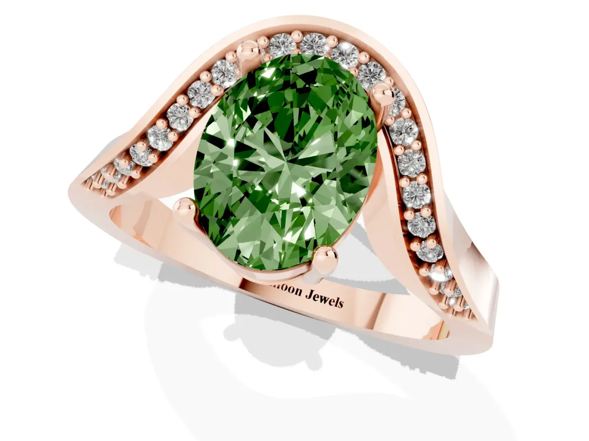 Fancy Green Oval Cut Solitaire Diamond Engagement Ring with Pave Band and Four-Prong Setting Rose gold