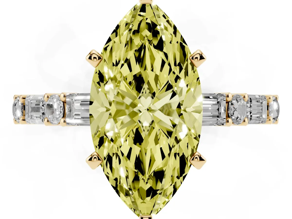 Fancy Yellow Marquise Cut Diamond Solitaire with Side Baguettes and Channel Set Band Yellow gold