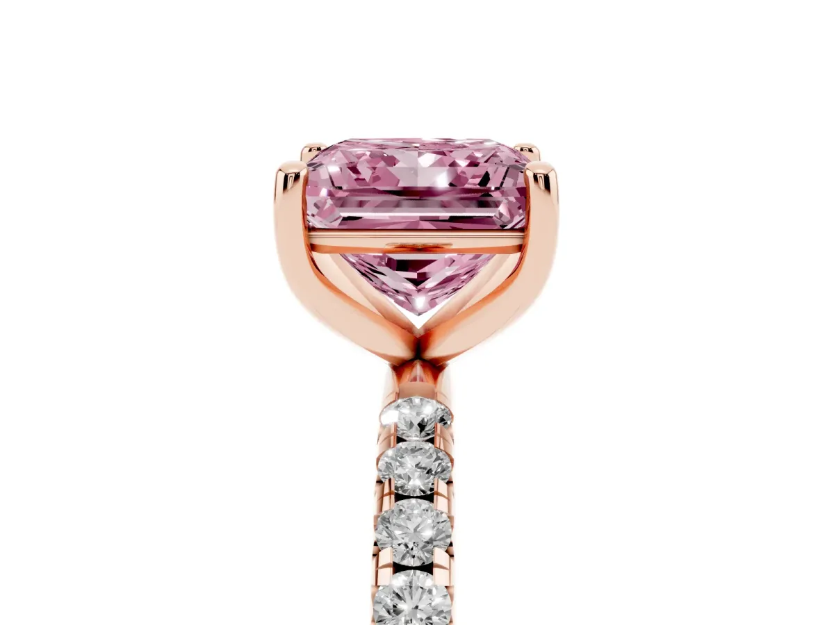 Fancy Pink Princess Cut Cut Diamond Solitaire Ring with Micro Pave Band and Four Prong Setting Rose gold