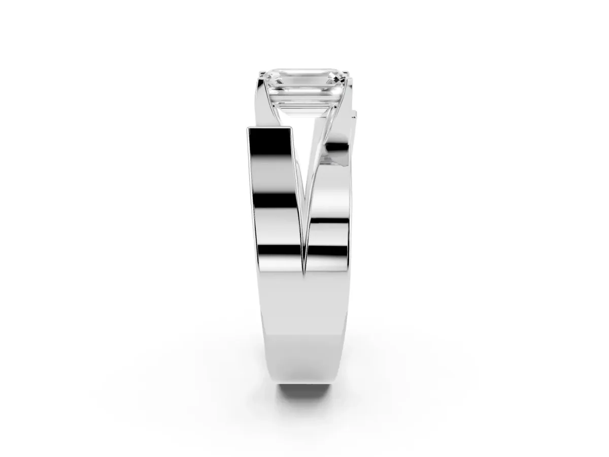 Modern Tension Set Emerald Cut Diamond Solitaire Wide Band Ring Silver