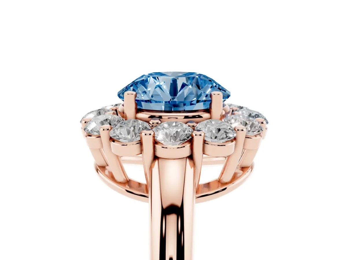 Fancy Blue Round Cut Halo Cluster Diamond Engagement Ring with Prong Setting and Polished Band Rose gold