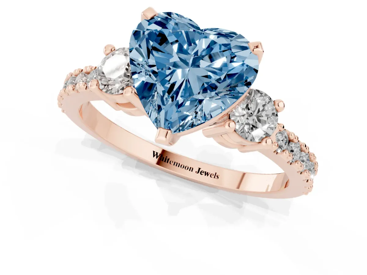 Fancy Blue Heart Cut Three-Stone Diamond Pavé Band with Prong Setting Rose gold