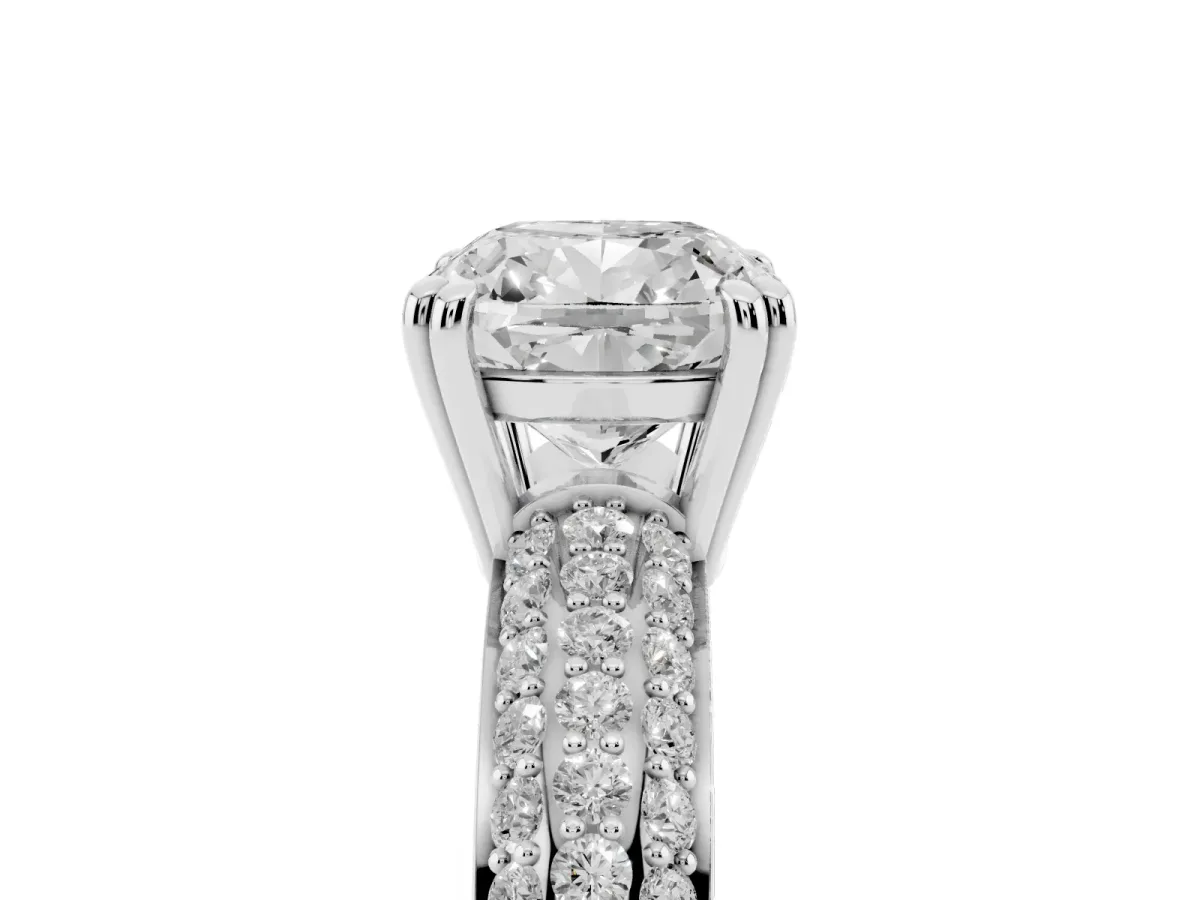 Cushion Cut Diamond Solitaire Ring with Multi-Row Round Pavé Band and Prong Setting Silver