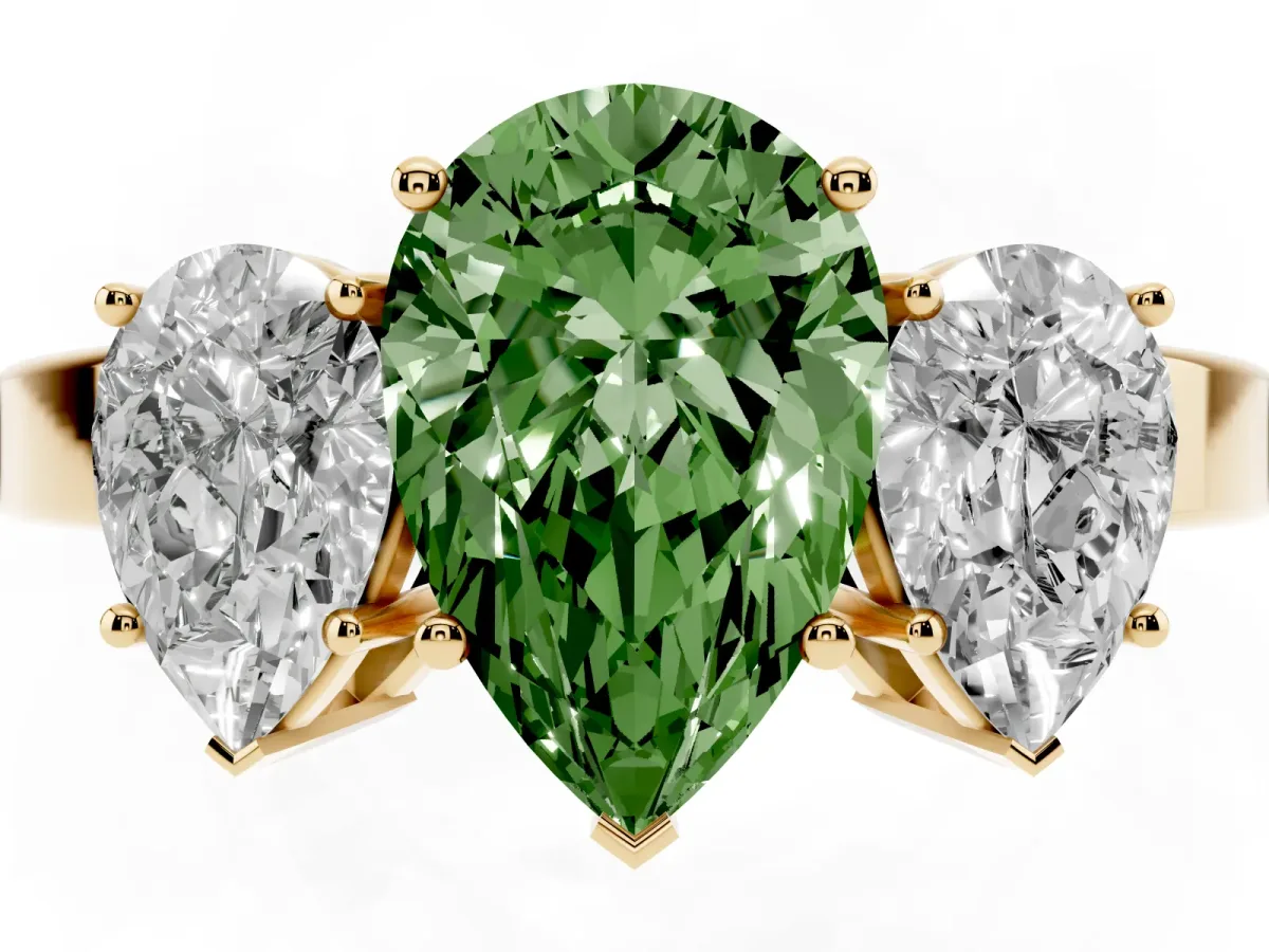 Fancy Green Three-Stone Pear Cut Cut Diamond Engagement Ring with Flat Band and Four-Prong Setting Yellow gold