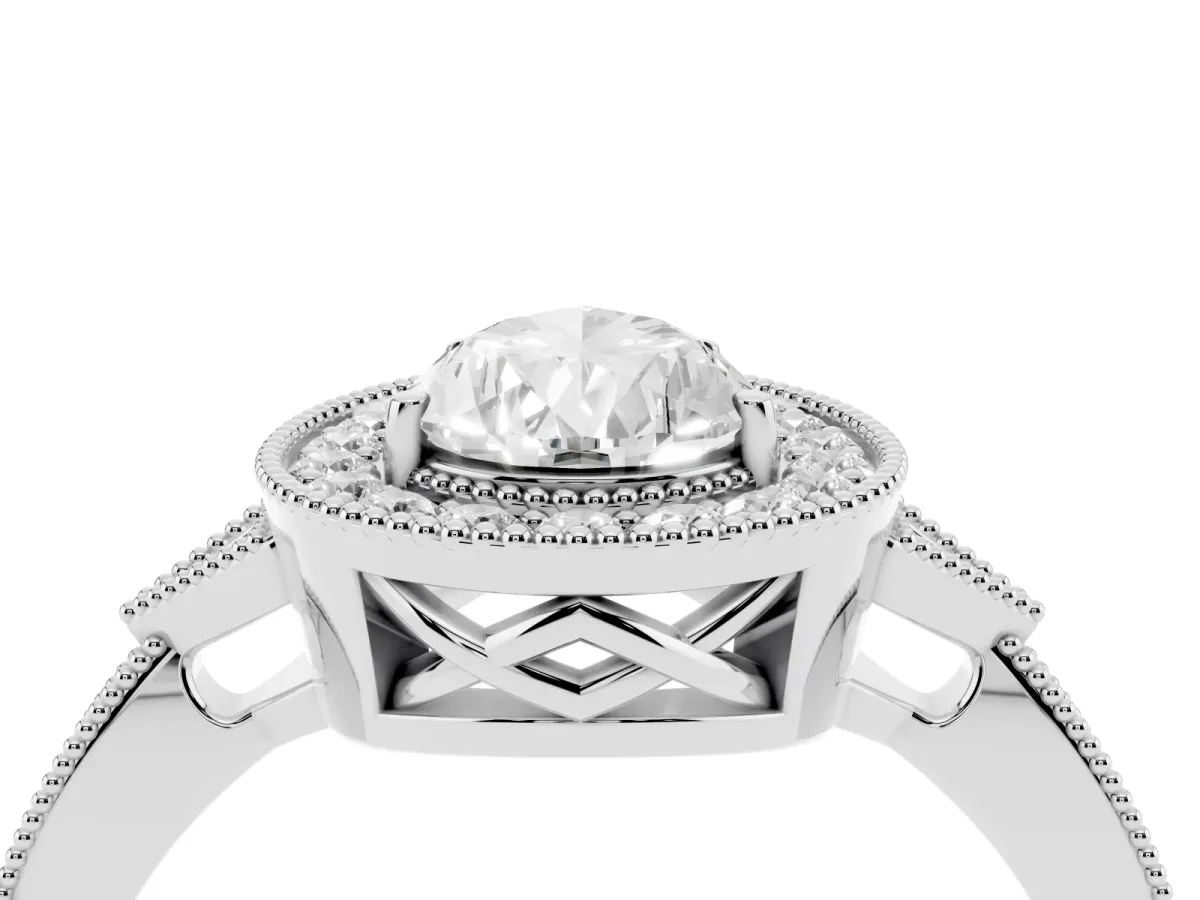 Pear Cut Halo Round Diamond Milgrain Pave Engagement Ring Silver