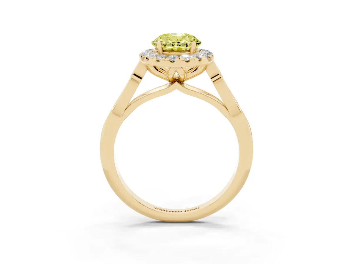 Fancy Yellow Oval Cut Halo Diamond Engagement Ring with Filigree Band and Four-Prong Setting Yellow gold