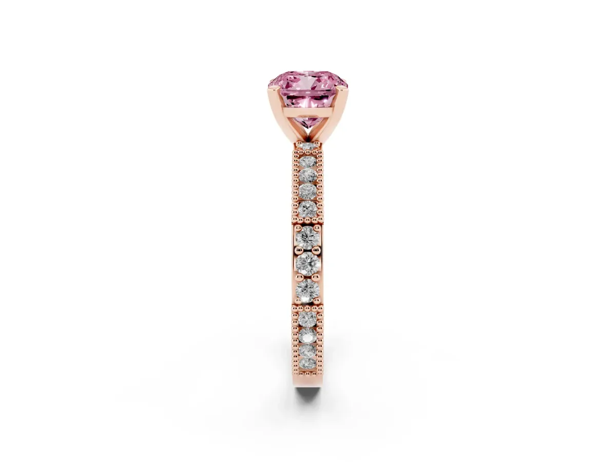 Fancy Pink Cushion Cut Solitaire with Pavé Band and Four-Prong Setting Rose gold