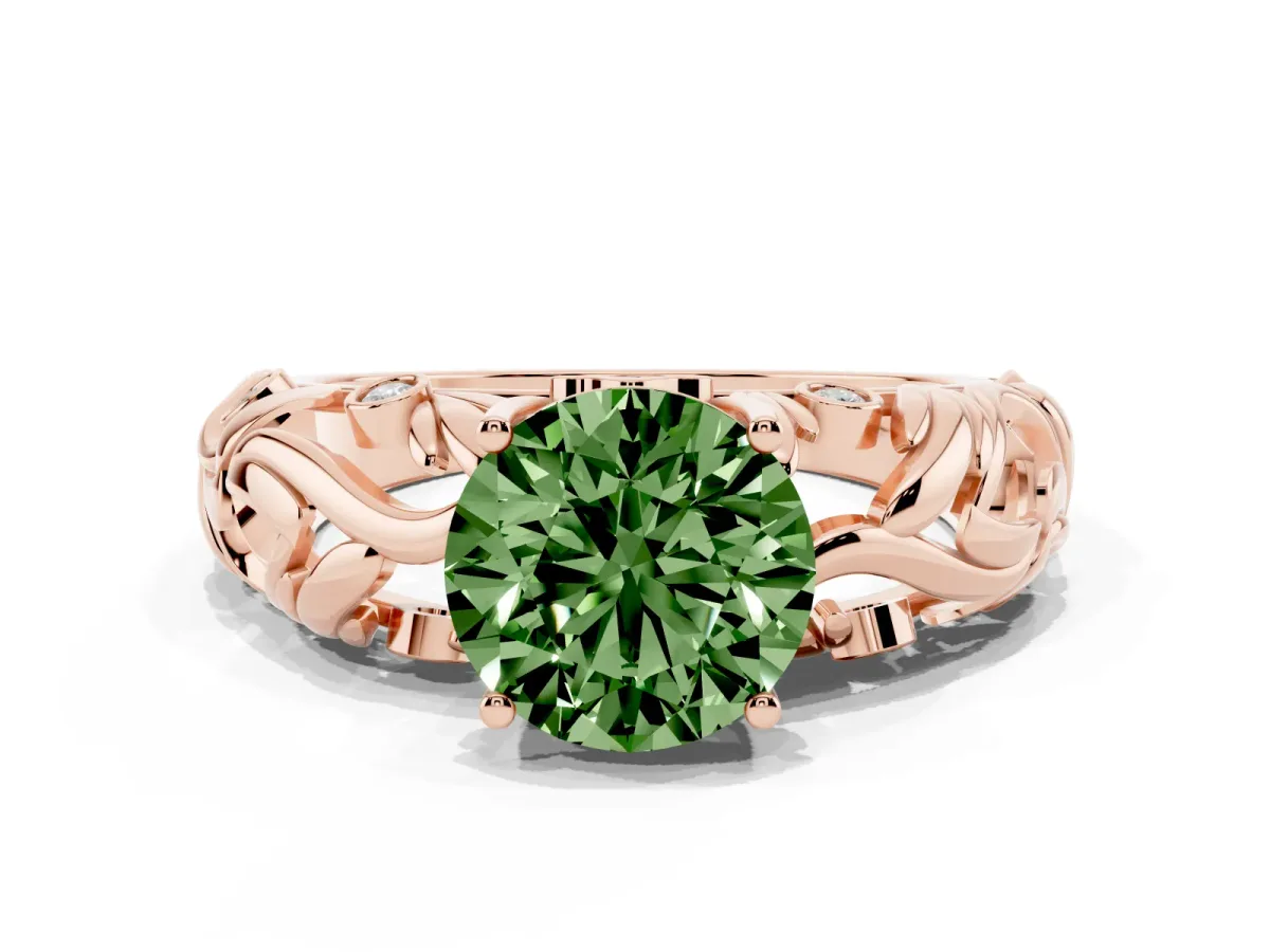 Fancy Green Round Cut Solitaire Diamond Leaf-Inspired Vine Band Ring with Prong Setting Rose gold