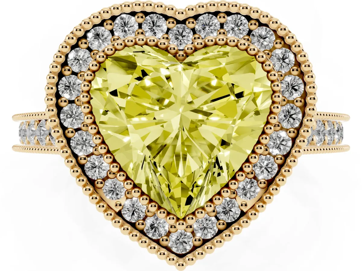 Fancy Yellow Halo Heart Cut-Cut Diamond Pave Band Milgrain Prong Setting Ring Yellow gold