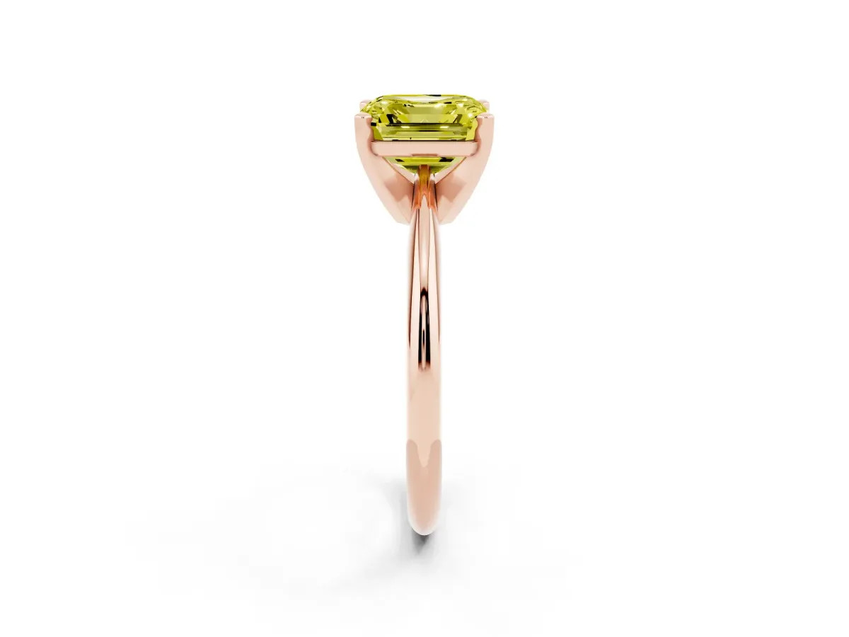 Fancy Yellow Asscher Cut Cut Solitaire Ring with Four-Prong Setting on a Classic Band Rose gold
