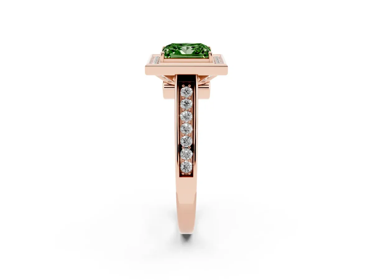Fancy Green Princess Cut Halo Solitaire Diamond Ring with Pave Band and Bezel Setting Rose gold