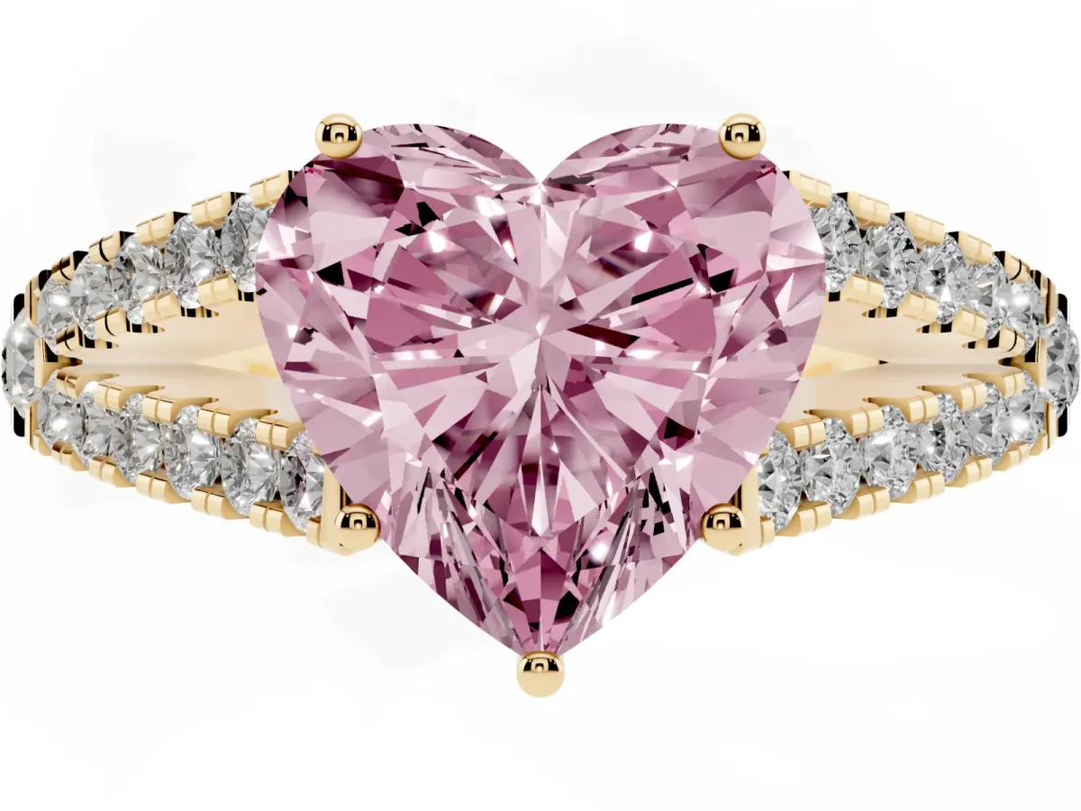 Fancy Pink Heart Cut Diamond Split Shank Engagement Ring with Round Pavé and Prong Setting Yellow gold