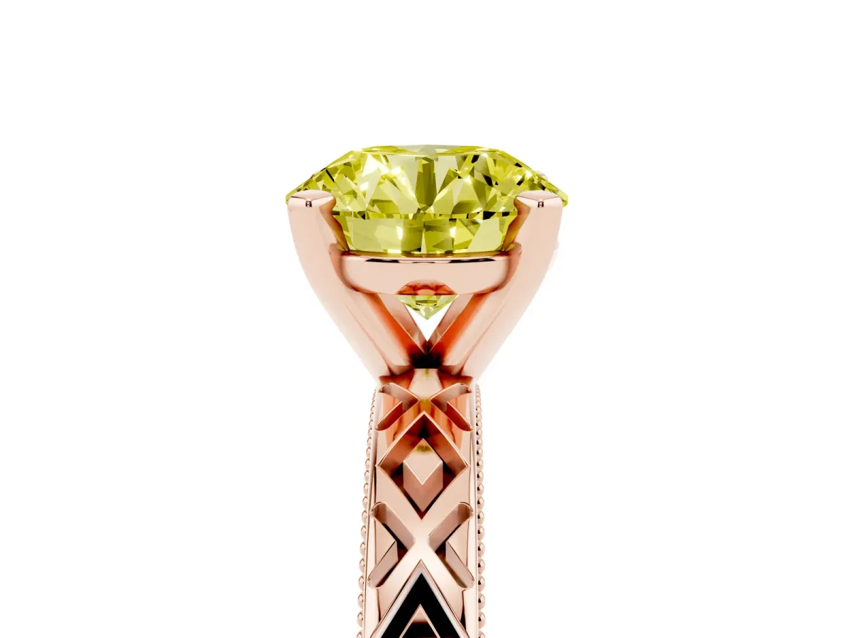 Fancy Yellow Round Cut Solitaire Diamond Ring with Milgrain and Black Enamel X Pattern Band Rose gold