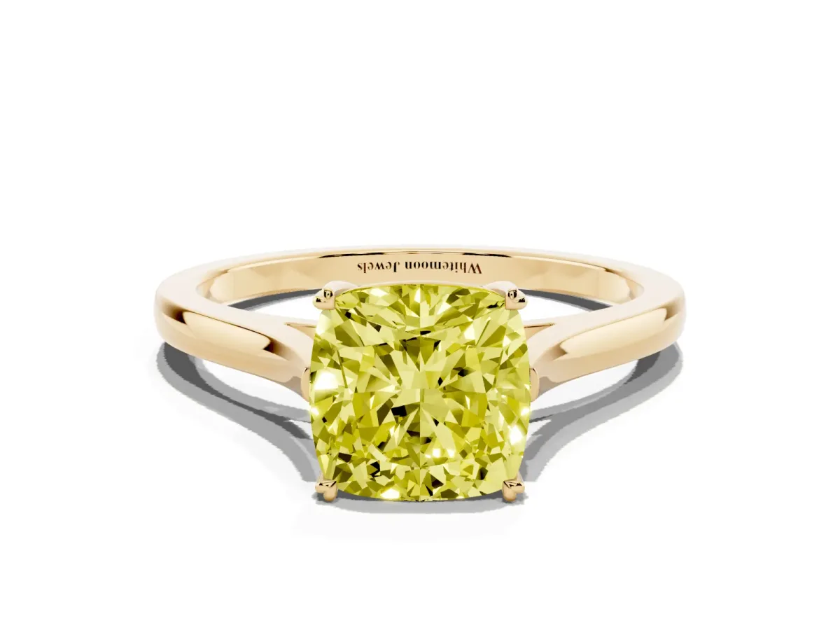 Fancy Yellow Cushion Cut Solitaire Heart Prong Engagement Ring with Tapered Band Yellow gold
