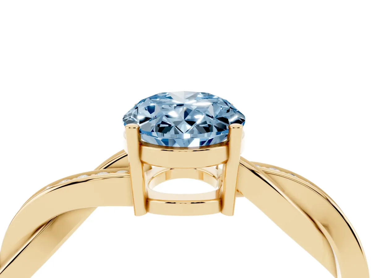 Fancy Blue Oval Cut Solitaire Twisted Pave Diamond Ring with Four-Prong Setting Yellow gold