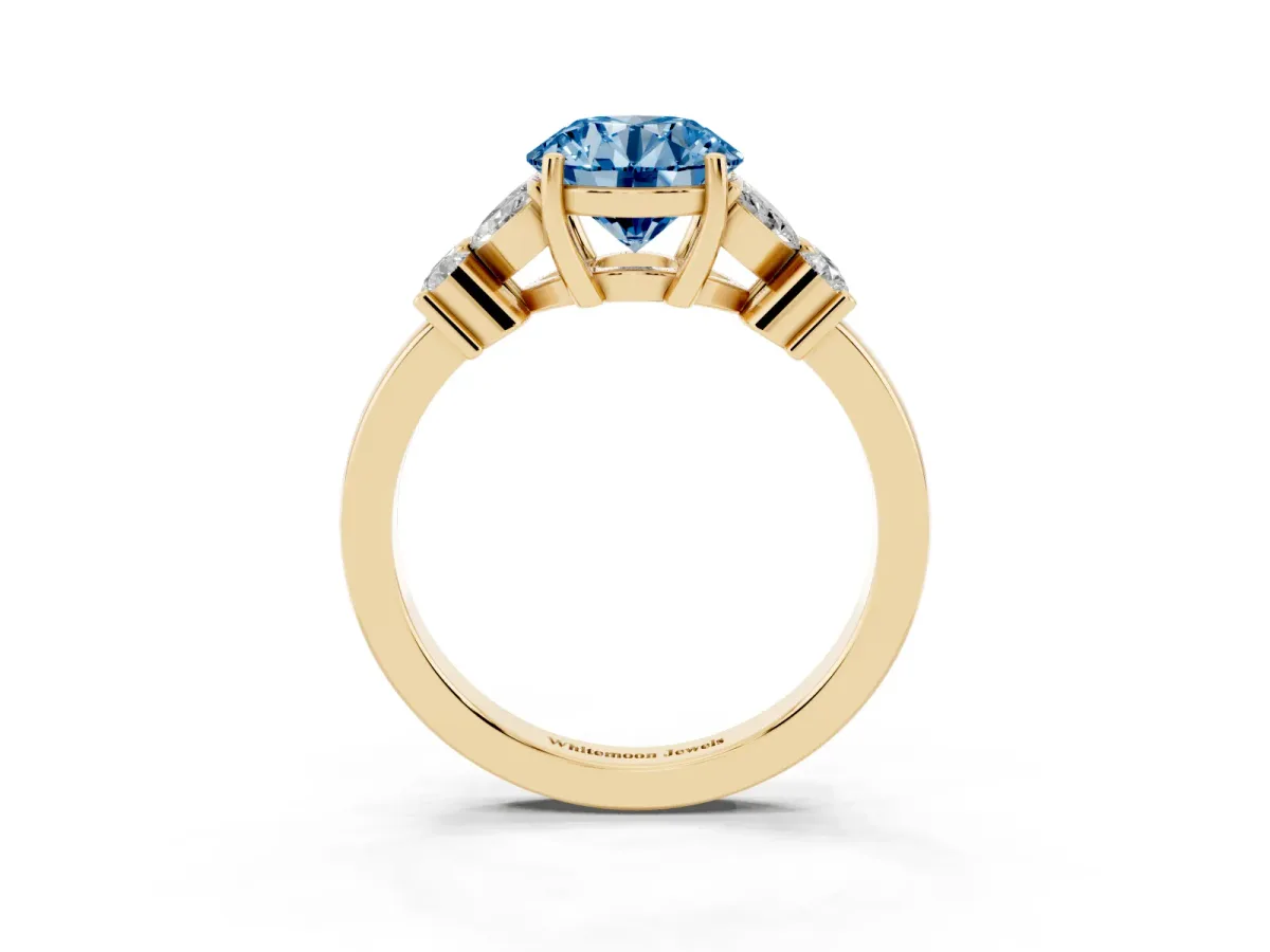Fancy Blue Round Cut Diamond Floral Cluster Ring with Solitaire Band and Prong Setting Yellow gold