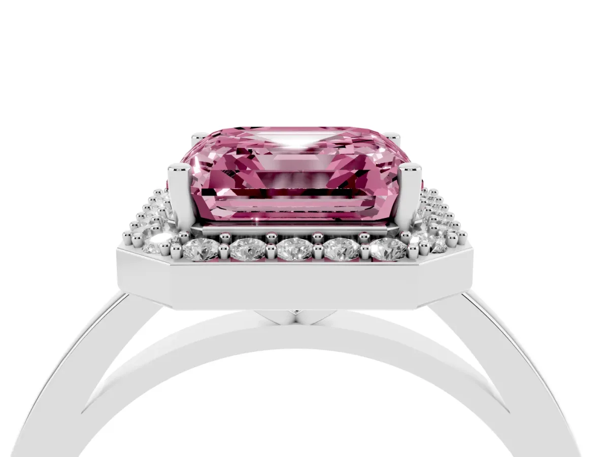 Fancy Pink Asscher Cut Halo Diamond Ring with Solitaire Band and Prong Setting White gold