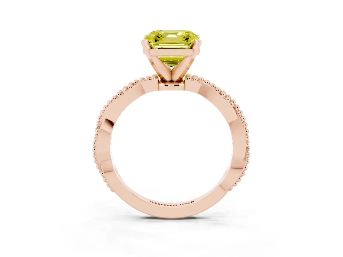 Fancy Yellow Asscher Cut Solitaire Twisted Band with Bead Prong Setting Rose gold