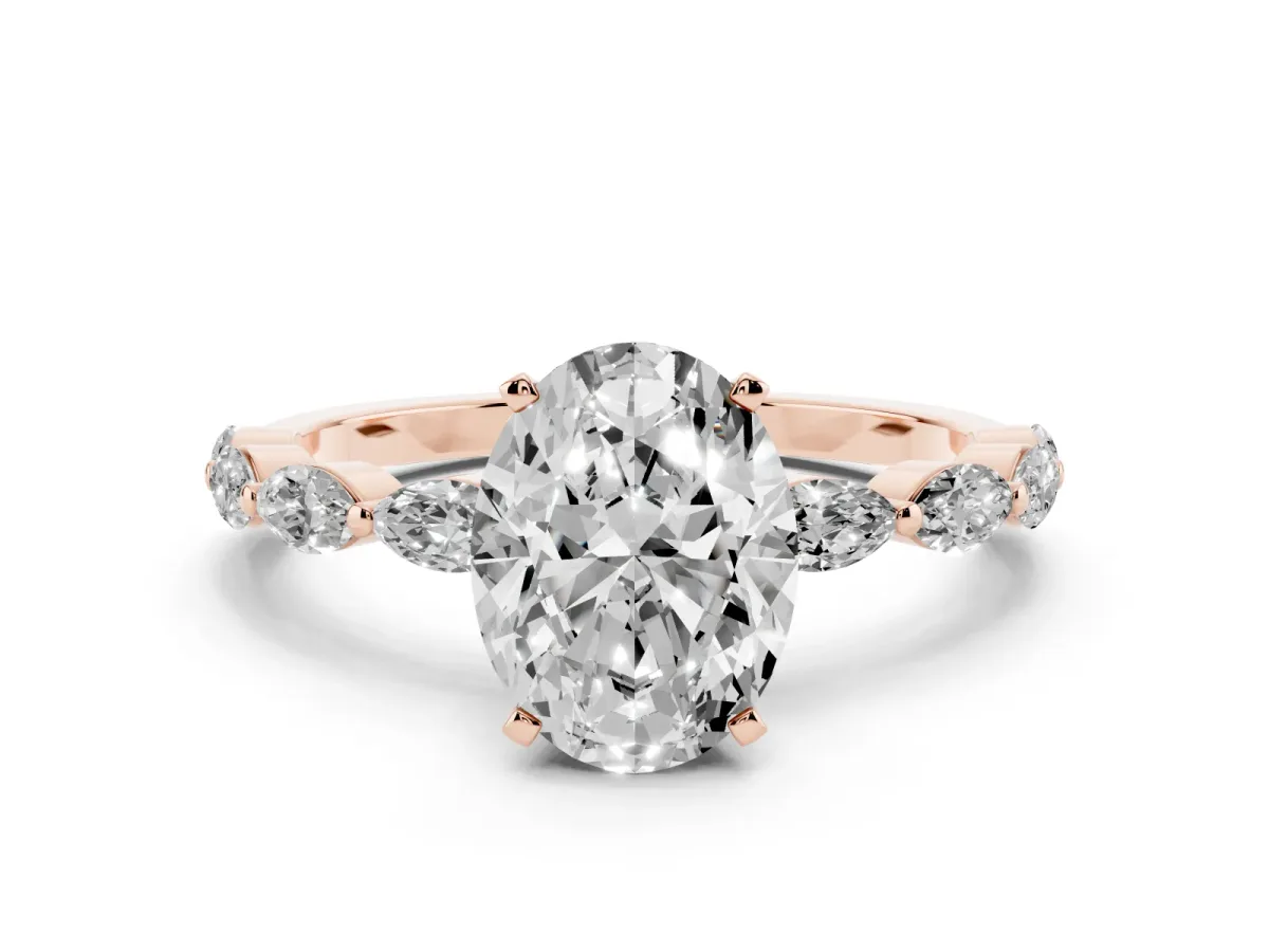 Oval Cut Diamond Ring with Marquise Side Stones and Prong Setting Rose gold