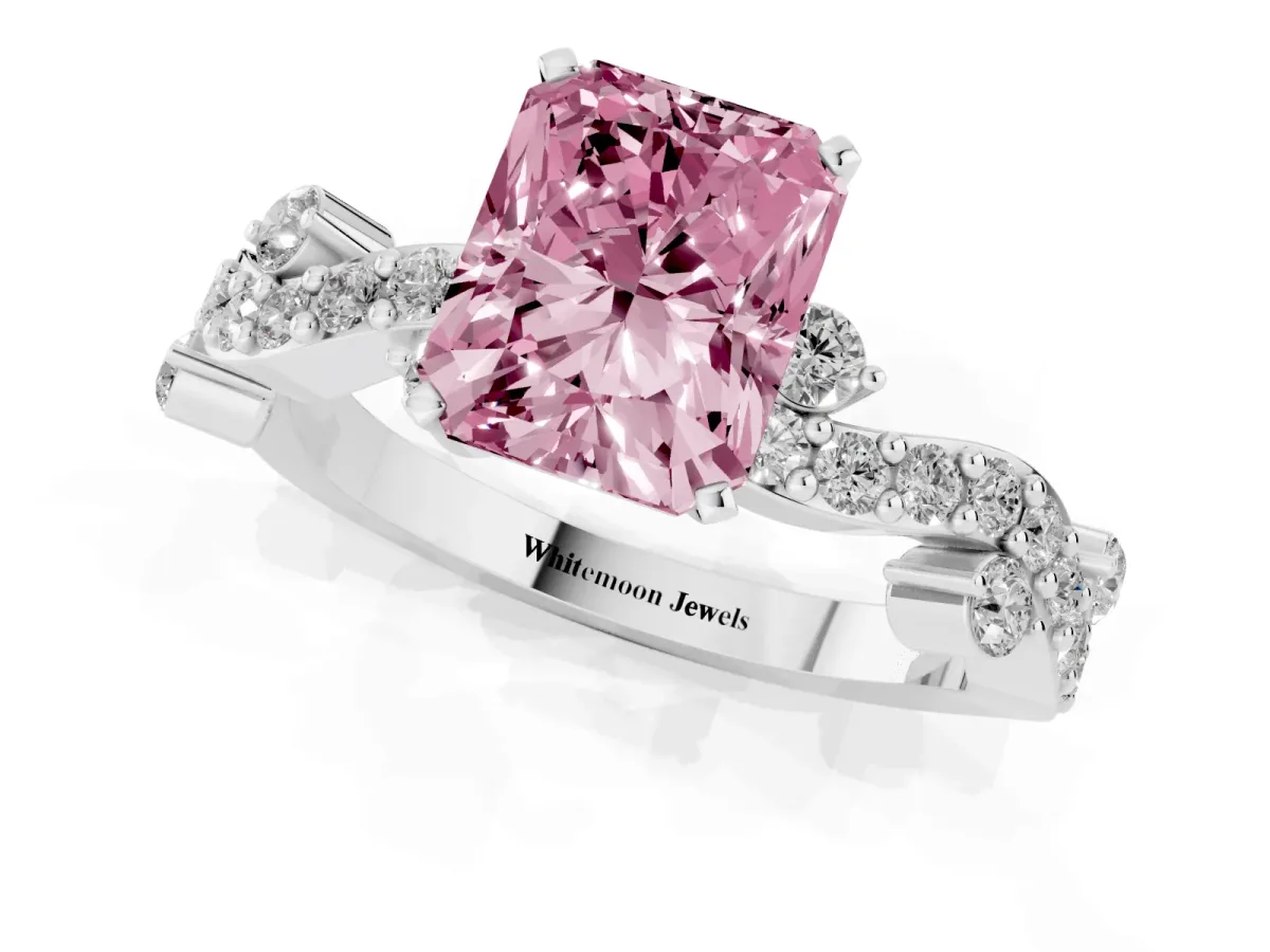 Fancy Pink Radiant Cut Cut Solitaire Diamond Twisted Band with Pave Setting Silver