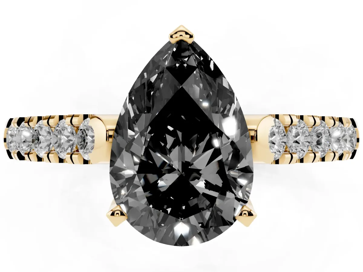 Fancy Black Pear Cut Diamond Pavé Band Solitaire Ring with Prong Setting Yellow gold