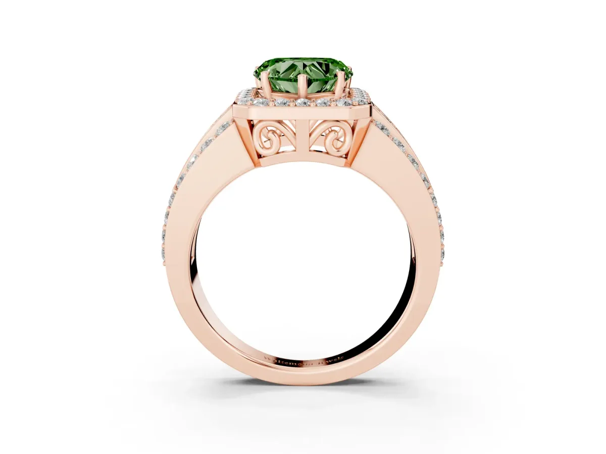 Fancy Green Heart Cut Halo Diamond Ring with Round Split Shank and Prong Setting Rose gold