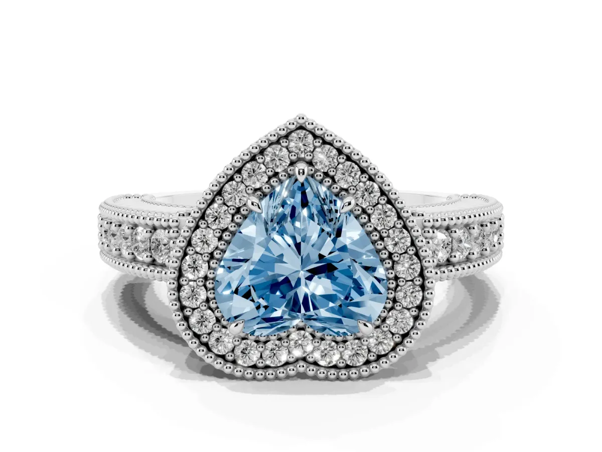 Fancy Blue Heart Cut Cut Halo Diamond Ring with Pavé Band and Four-Prong Setting Silver
