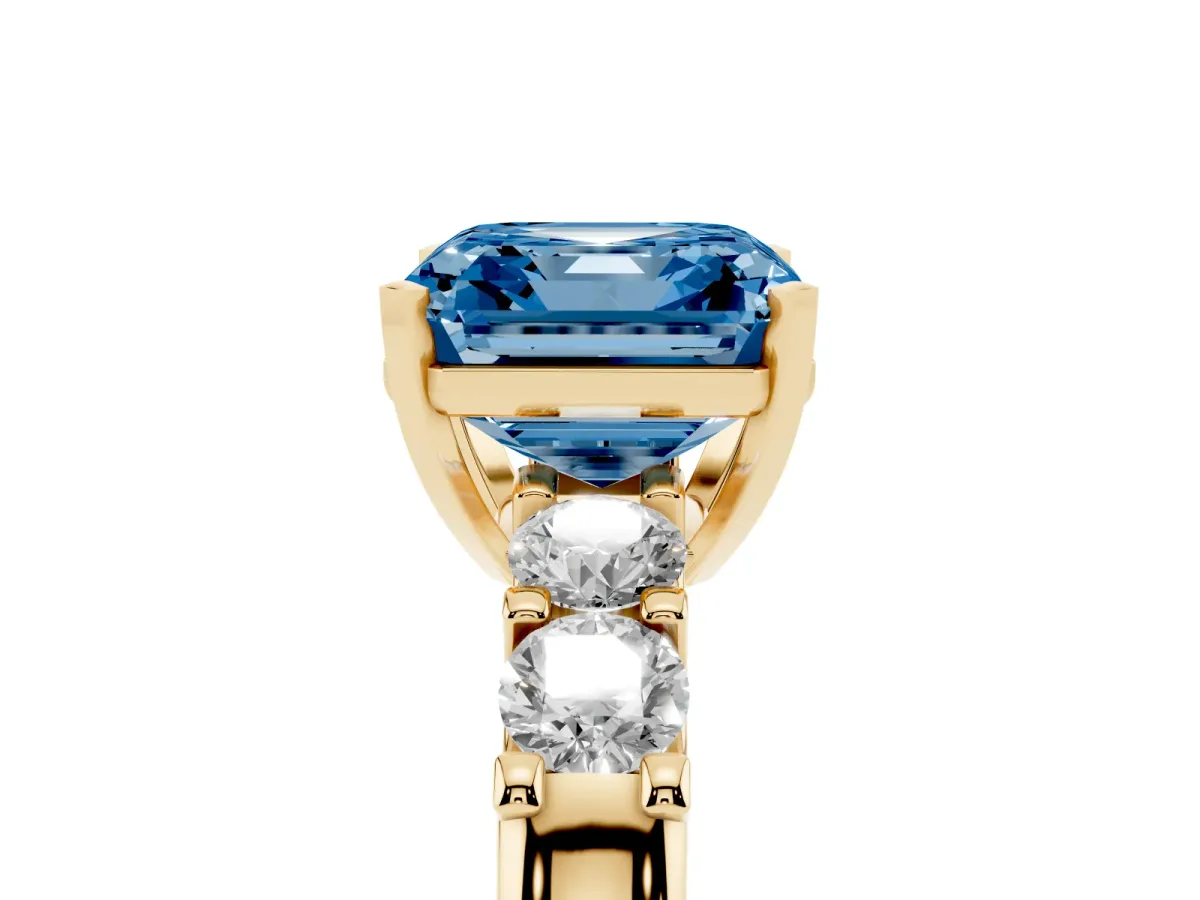 Fancy Blue Asscher Cut Brilliant Cut Diamond Five-Stone Prong Set Engagement Ring with Channel Band Yellow gold