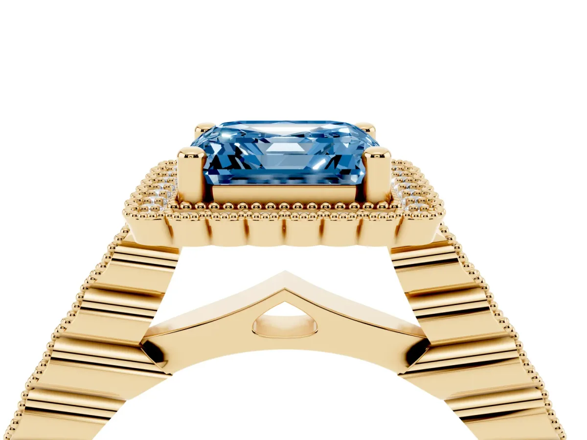 Fancy Blue Asscher Cut Cut Halo Pavé Solitaire Ring with Milgrain Band Yellow gold