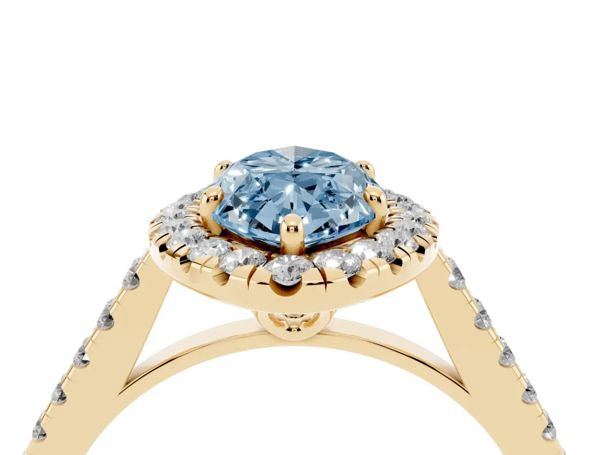 Fancy Blue Marquise Cut Halo Pavé Diamond Engagement Ring with Four-Prong Setting Yellow gold