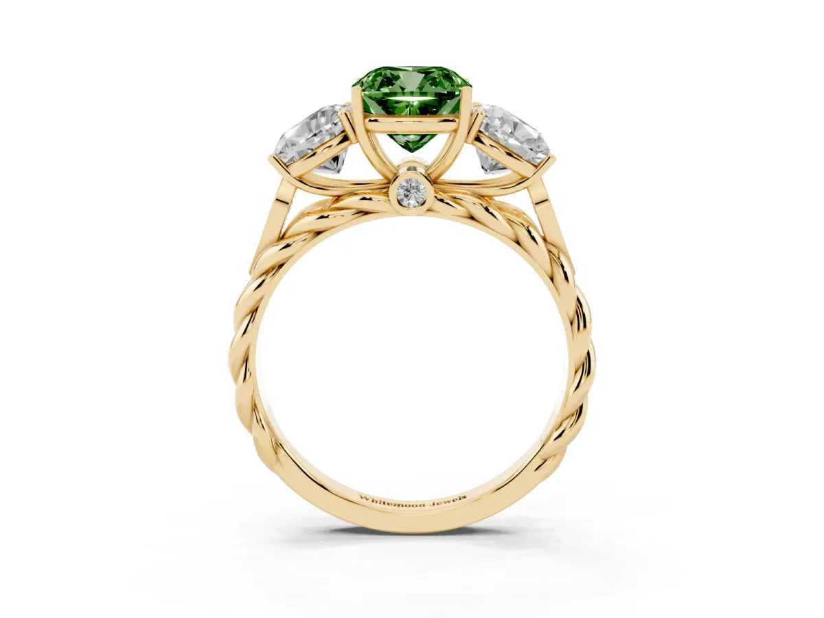 Fancy Green Three-Stone Cushion Cut Diamond Braided Band Ring with Four-Prong Setting Yellow gold