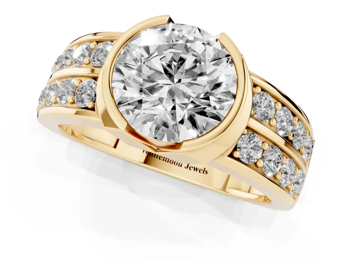 Round Cut Brilliant Diamond Channel Set Wide Band Ring with Bezel Setting Yellow gold