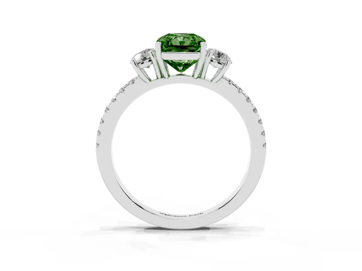 Fancy Green Three-Stone Radiant Cut Cut Diamond Pavé Band with Prong Setting Silver