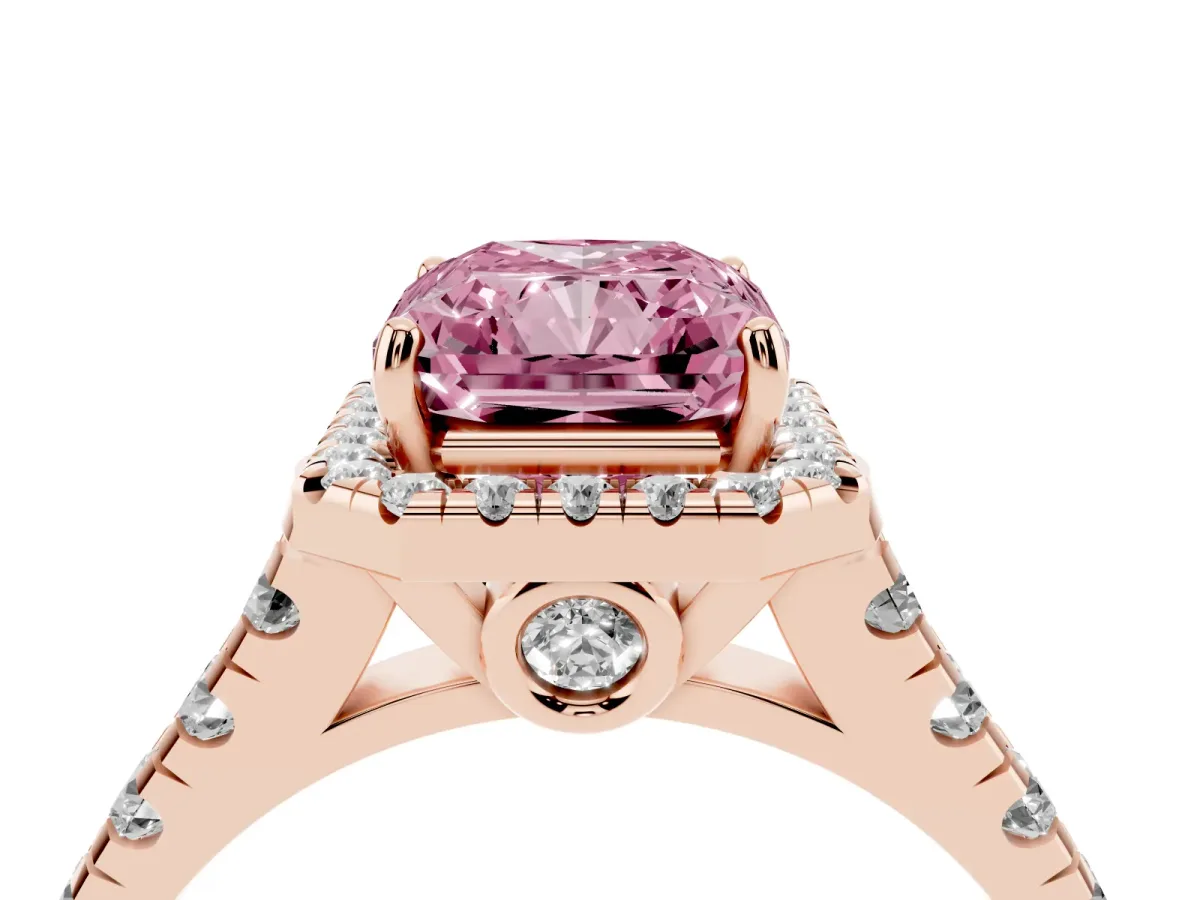 Fancy Pink Radiant Cut Halo Pavé Diamond Engagement Ring with Four-Prong Setting Rose gold